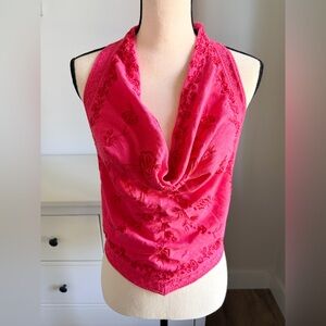 Free People - Pink Embroidered Halter Cowl Neck Top